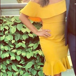 Mustard Yellow Off-the-Shoulder Body Con Dress